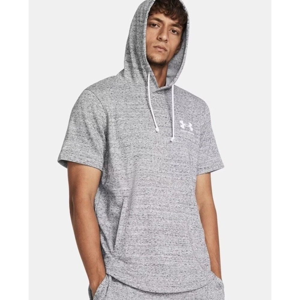 Under Armour UA Rival Terry Short Sleeve Hoodie Men Grey French Terry Large